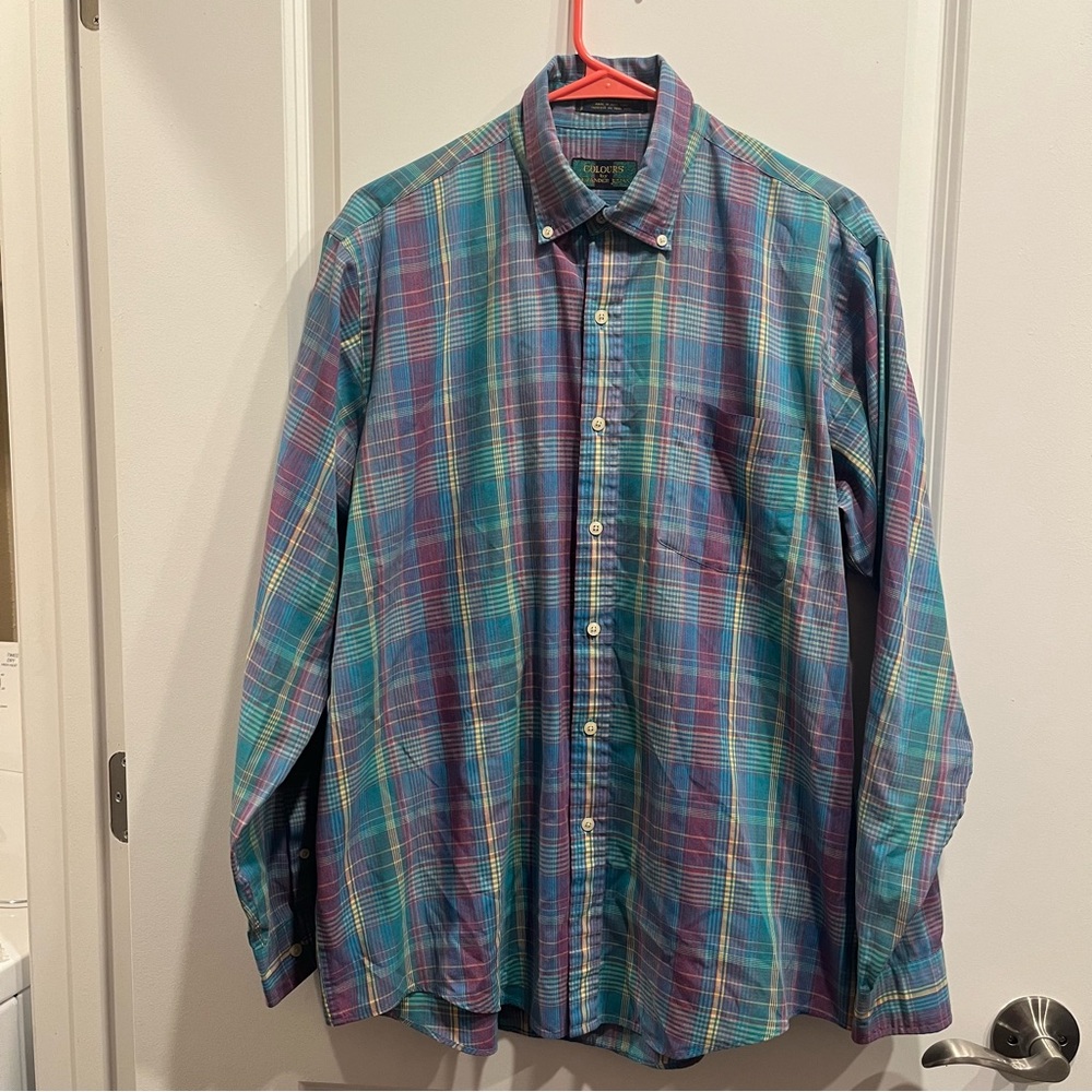 Vtg Colours By Alexander Julian Shirt Mens Large Blue Purple Plaid Butto…